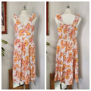Monteau Los Angeles Orange Floral Tiered Ruffle Midi Dress Womens Size Large New